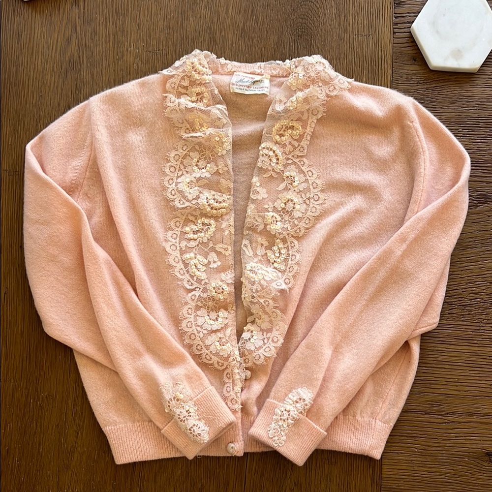 Pink Lace Trim Cardigan Sweater